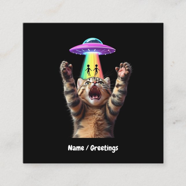 Funny Cat Selfie Alien UFO Hilarious Customizable Square Business Card (Front)
