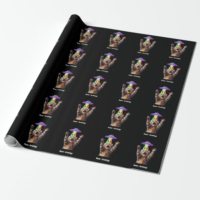 Funny Cat Selfie Alien UFO Hilarious Customizable Wrapping Paper (Unrolled)