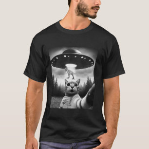 Funny Cat Selfie Flying Alien UFO Abducting Dinosa T-Shirt