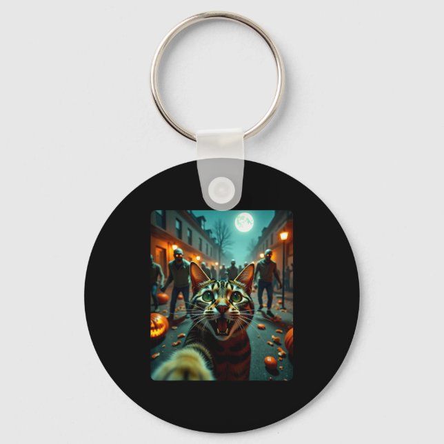 Funny Cat Selfie Halloween Zombies Humor  Keychain (Front)