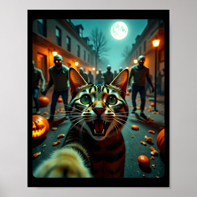 Funny Cat Selfie Halloween Zombies Humor  Poster (Front)