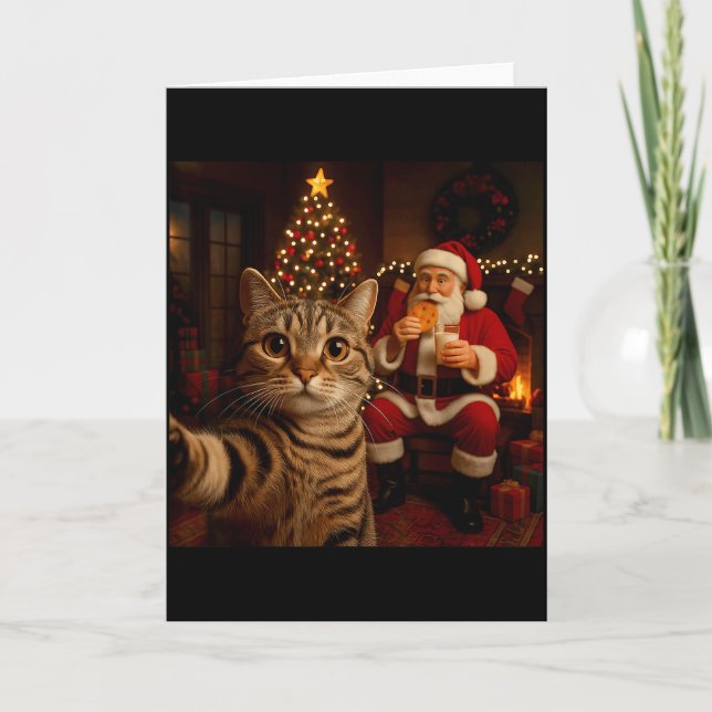 Funny Cat Selfie Santa Claus Eating Cookies Christ Card (Front)