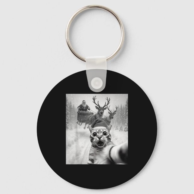 Funny Cat Selfie Santa Merry Christmas Xmas Pajama Keychain (Front)