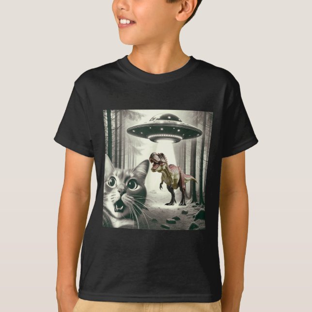Funny Cat Selfie With Alien Ufo And T-rex Dinosaur T-Shirt (Front)