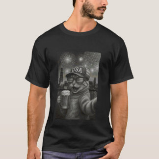 Funny Cat Selfie With Alien UFO Chicago 4th Of Jul T-Shirt