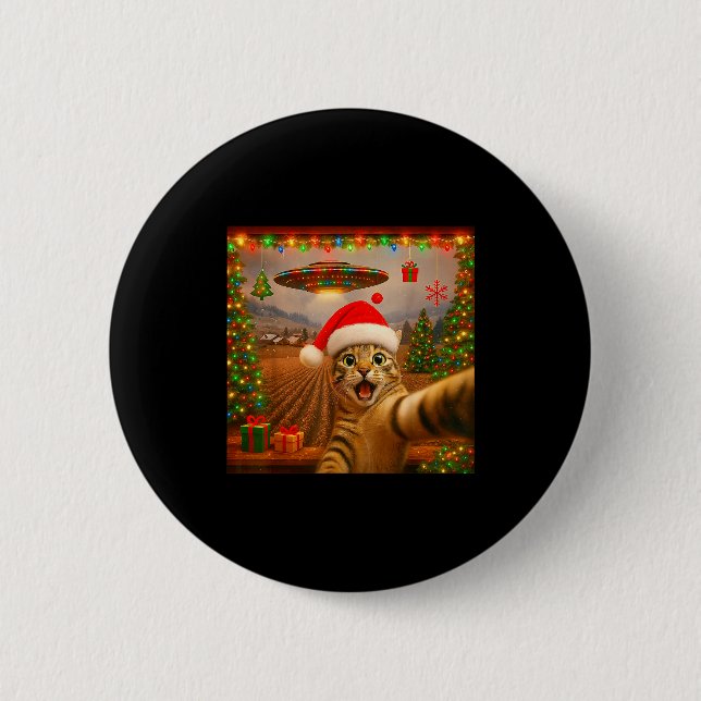 Funny Cat Selfie With Alien Ufo Christmas Lights S Button (Front)