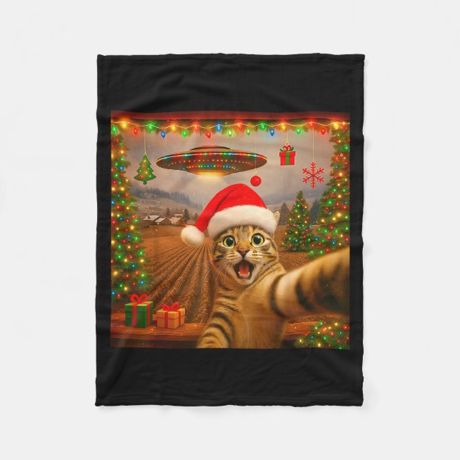 Funny Cat Selfie With Alien Ufo Christmas Lights S Fleece Blanket (Front)