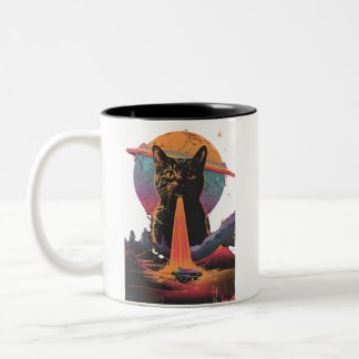 Funny Cat Selfie With Alien Vintage Ufo Cat Lovers Two-Tone Coffee Mug