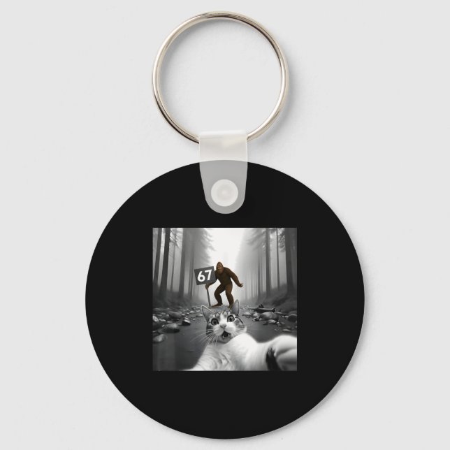 Funny Cat Selfie With Bigfoot 67 Six Seven Meme Me Keychain (Front)