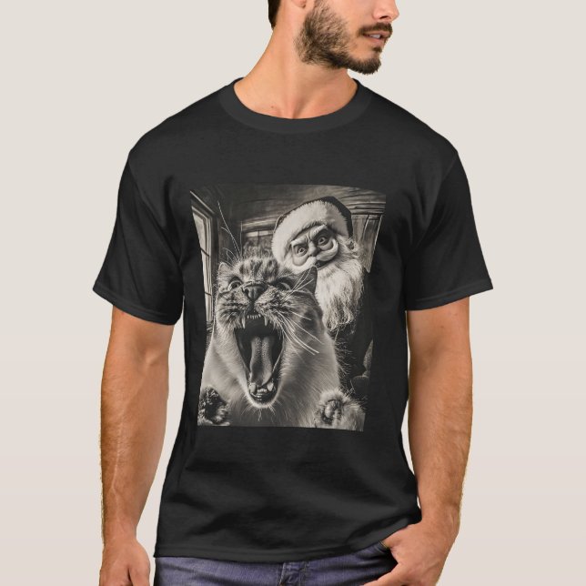 Funny Cat Selfie With Santa Christmas T-Shirt (Front)