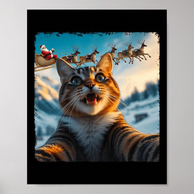 Funny Cat Selfie With Santa Sleigh Christmas Xmas  Poster (Front)