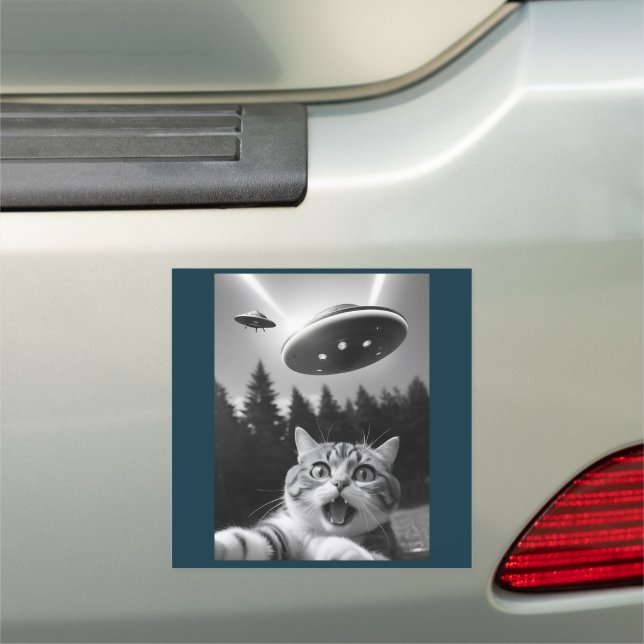  Funny Cat Selfie with UFO Alien Car Magnet (In Situ)