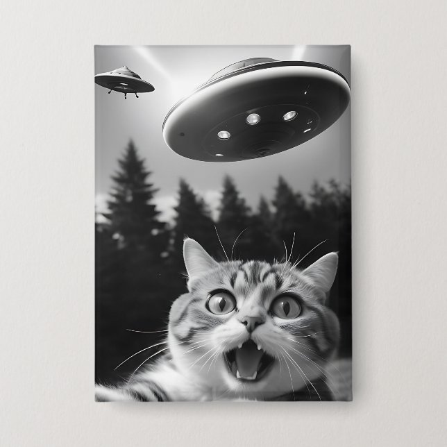  Funny Cat Selfie with UFO Alien Drones Button (Front)