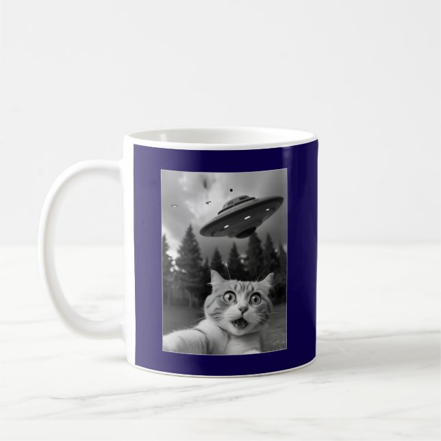 Funny Cat Selfie with UFO Alien Drones Coffee Mug (Left)