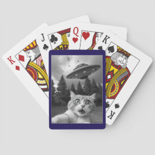 Funny Cat Selfie with UFO Alien Drones Poker Cards