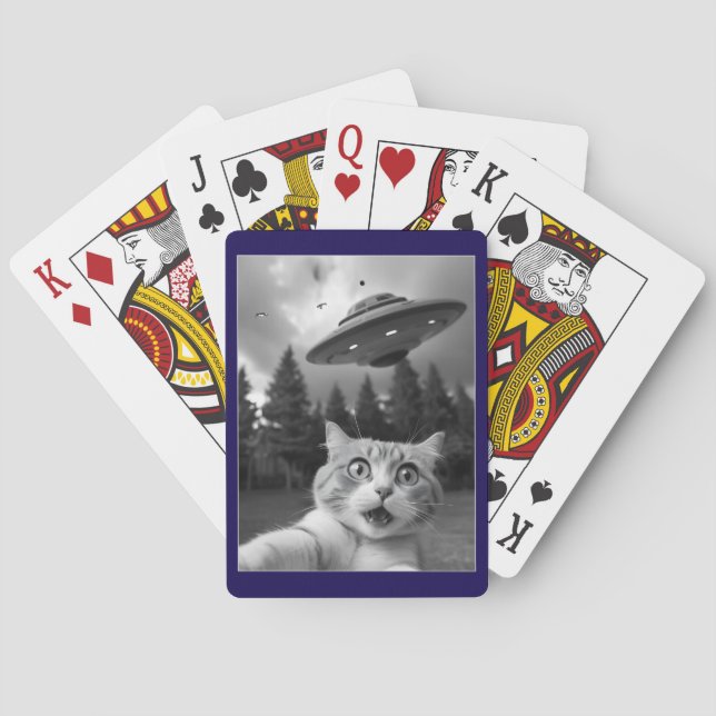 Funny Cat Selfie with UFO Alien Drones Poker Cards (Back)