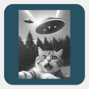  Funny Cat Selfie with UFO Alien Square Sticker