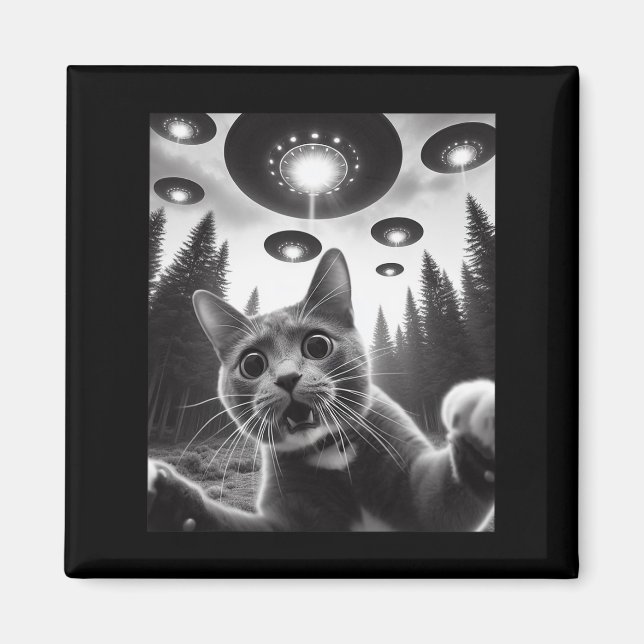 Funny Cat Selfie With Ufos Alien Cat Selfie Men Wo Magnet (Front)