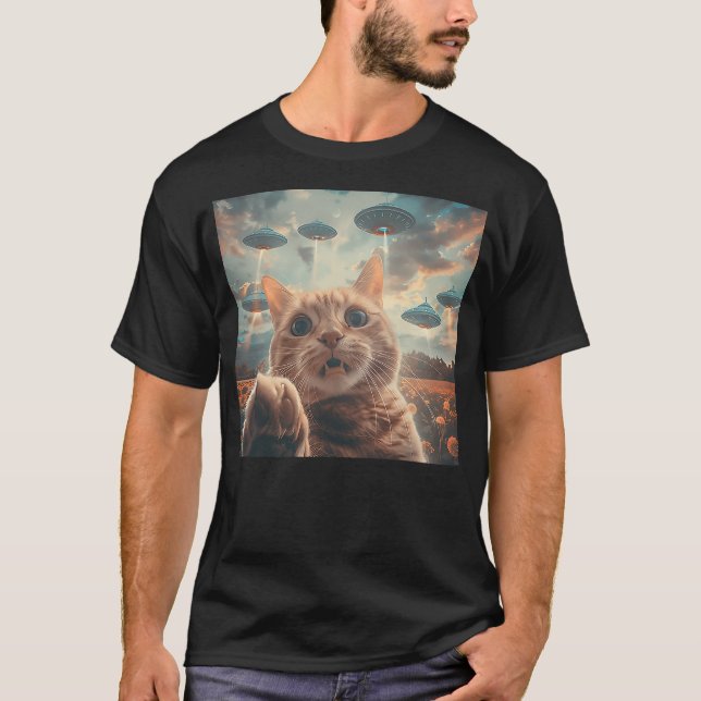 Funny Cat Selfie with UFOs cat meme T-Shirt (Front)