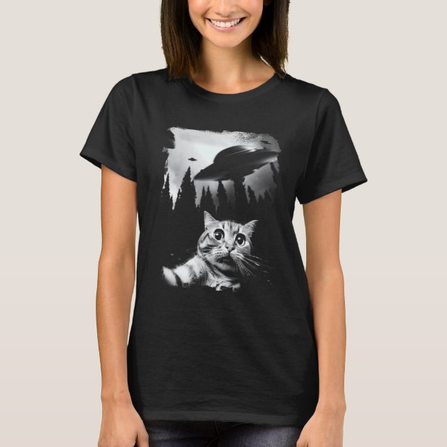 Funny Cat Selfie with UFOs T-Shirt (Front)