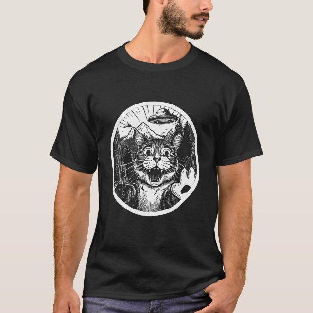 Funny Cat Selfie with UFOs T-Shirt (Front)