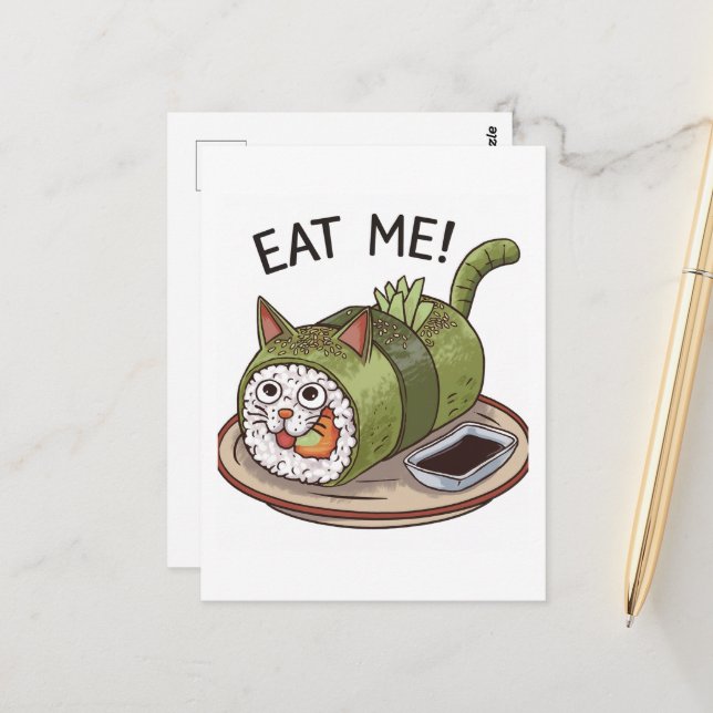 Funny Cat Shaped Sushi Roll Postcard (Front/Back In Situ)