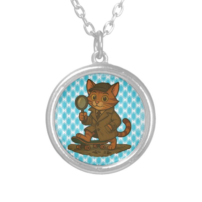 funny cat silver plated necklace (Front)