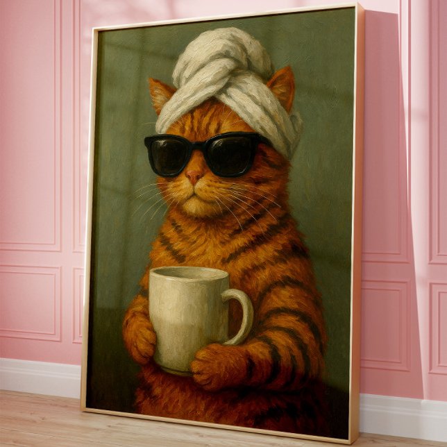 Funny Cat Spa Wall Art, Gift for Cat Lovers Poster (Cat Coffee Art)