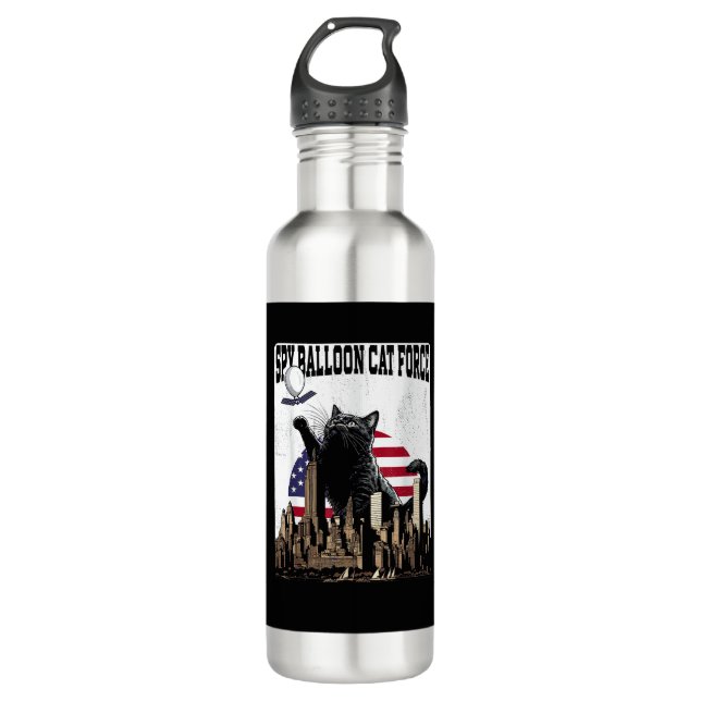 Funny Cat Spy Balloon Stainless Steel Water Bottle (Front)