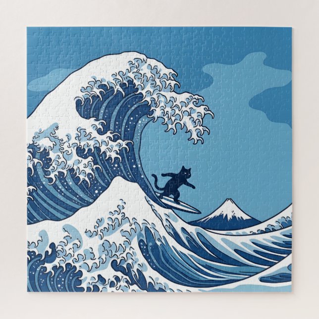Funny Cat Surfing Great Wave Off Kanagawa - Japane Jigsaw Puzzle (Vertical)