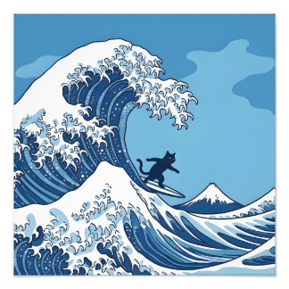 Funny Cat Surfing Great Wave Off Kanagawa - Japane Photo Print