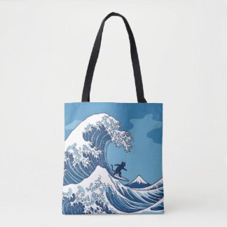 Funny Cat Surfing Great Wave Off Kanagawa - Japane Tote Bag