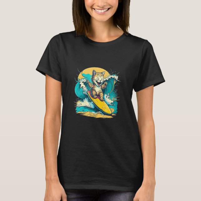 Funny Cat Surfing on Ocean Wave Vacation T-Shirt (Front)