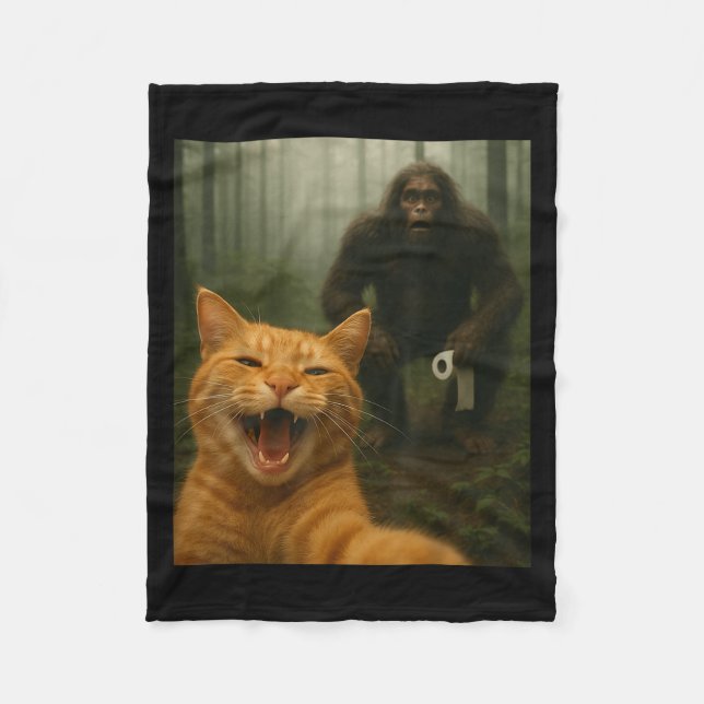 Funny Cat Surprised Happy Selfie With Bigfoot Sasq Fleece Blanket (Front)