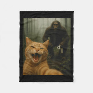 Funny Cat Surprised Happy Selfie With Bigfoot Sasq Fleece Blanket