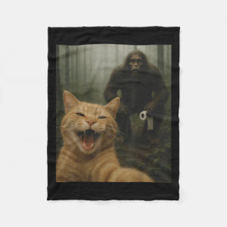 Funny Cat Surprised Happy Selfie With Bigfoot Sasq Fleece Blanket