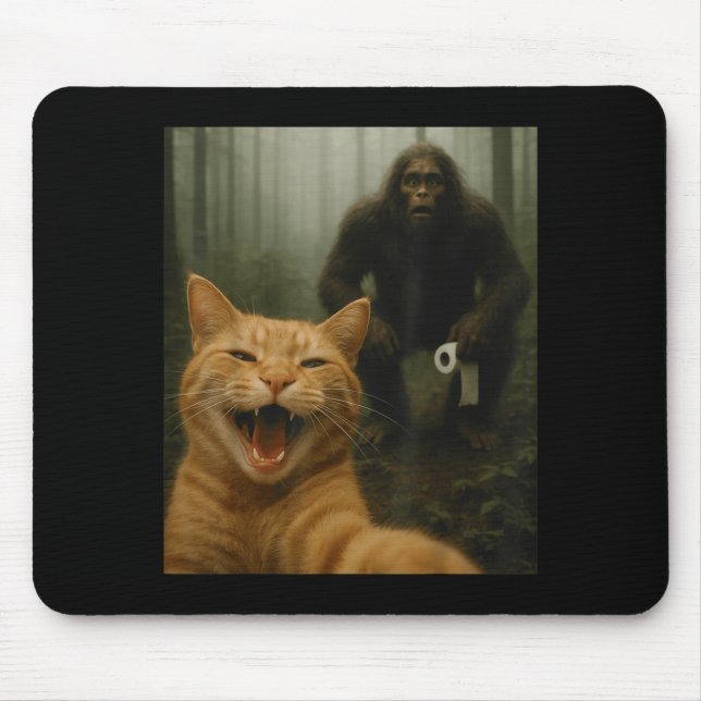 Funny Cat Surprised Happy Selfie With Bigfoot Sasq Mouse Pad (Front)