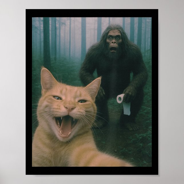 Funny Cat Surprised Happy Selfie With Bigfoot Sasq Poster (Front)