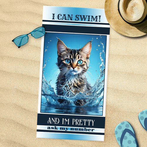 Funny Cat Swimming Navy Striped Beach Towel
