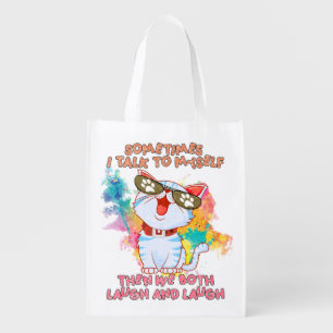 Funny Cat Talking to Itself –Cute and Humorous Cat Grocery Bag