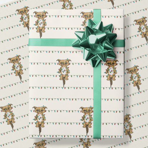 Funny Cat Tangled Christmas Lights Wrapping Paper