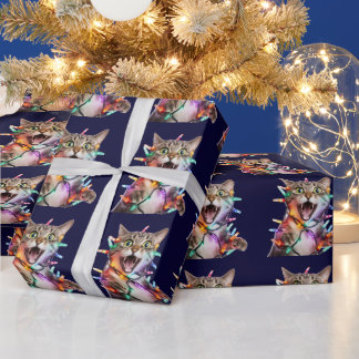 Funny Cat Tangled in Christmas Lights Wrapping Paper