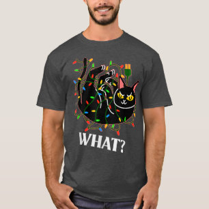 Funny Cat Tangled in Christmas Tree Lights Says WH T-Shirt