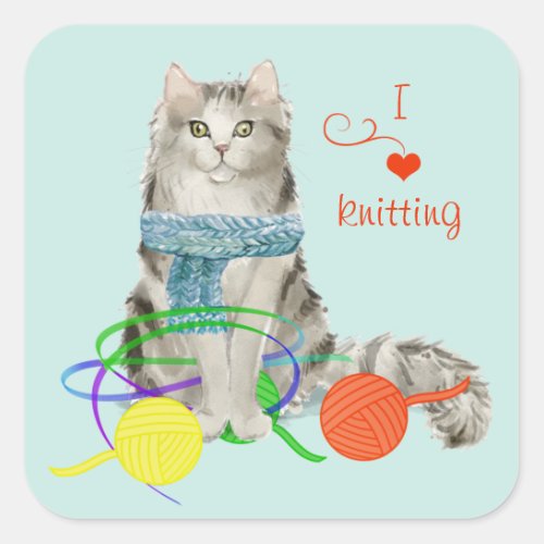 Funny Cat Tangled in Yarn Square Sticker