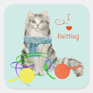 Funny Cat Tangled in Yarn Square Sticker