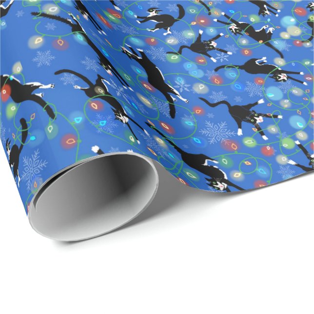 Funny Cat Tangles in Christmas Lights  Wrapping Paper (Roll Corner)