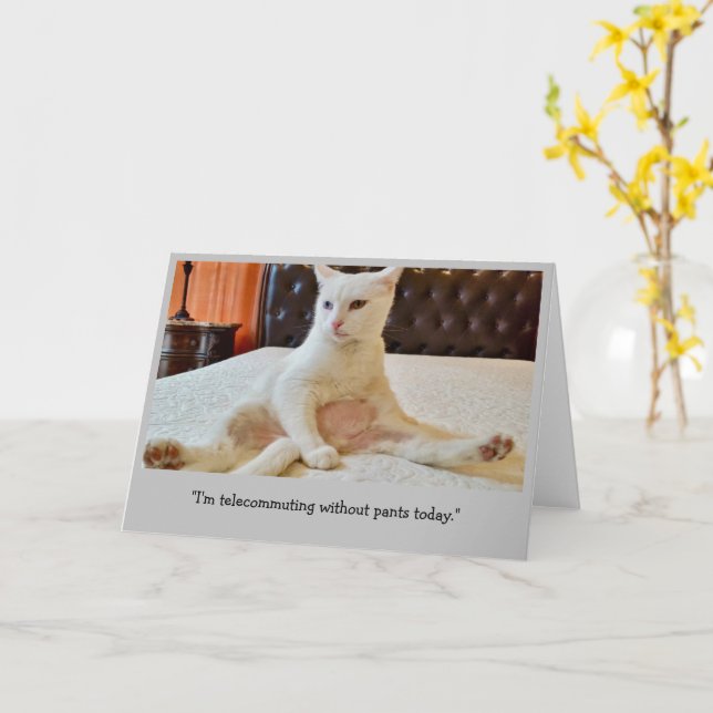 Funny Cat Telecommuting Without Pants Card (Yellow Flower)