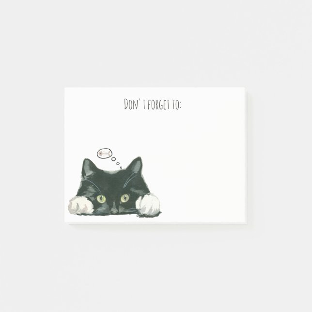 funny cat thinking of fish post it notes black cat (Front)