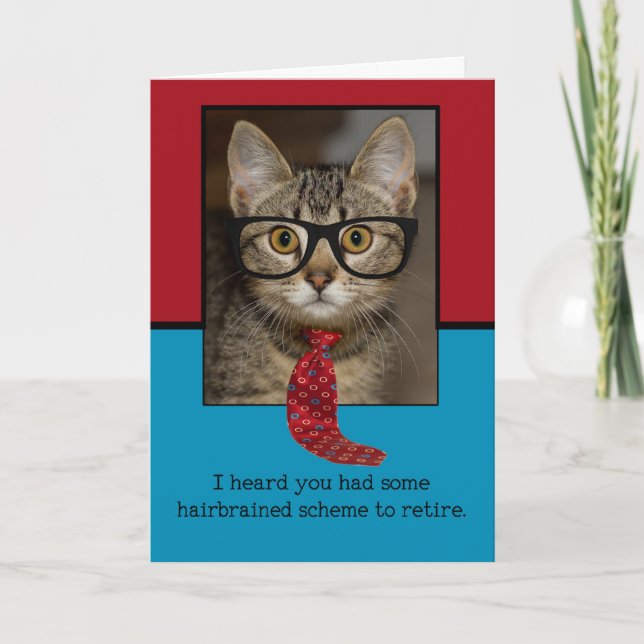 Funny Cat Tie Glasses Hairbrain Retirement Card (Front)