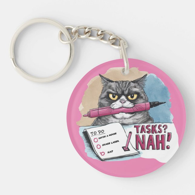 Funny Cat To-Do List Pink Keychain (Front)